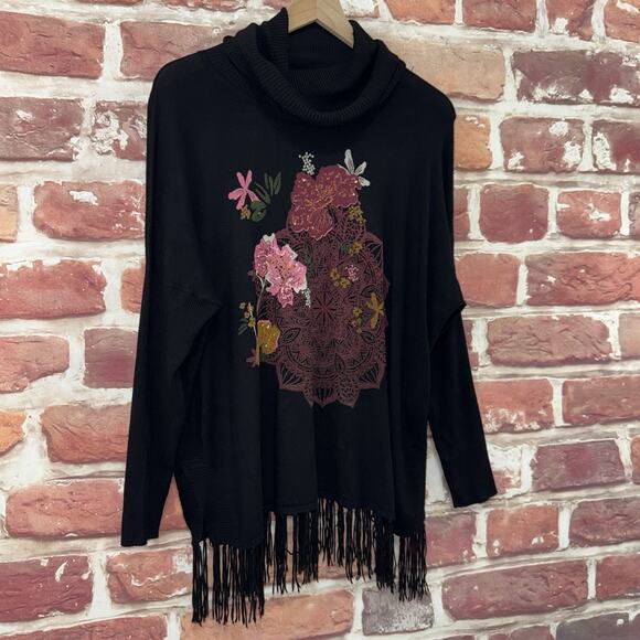 Desigual Sweater Women's EU Medium Black Multicolor Boho Mandala Floral Fringe - Picture 2 of 9